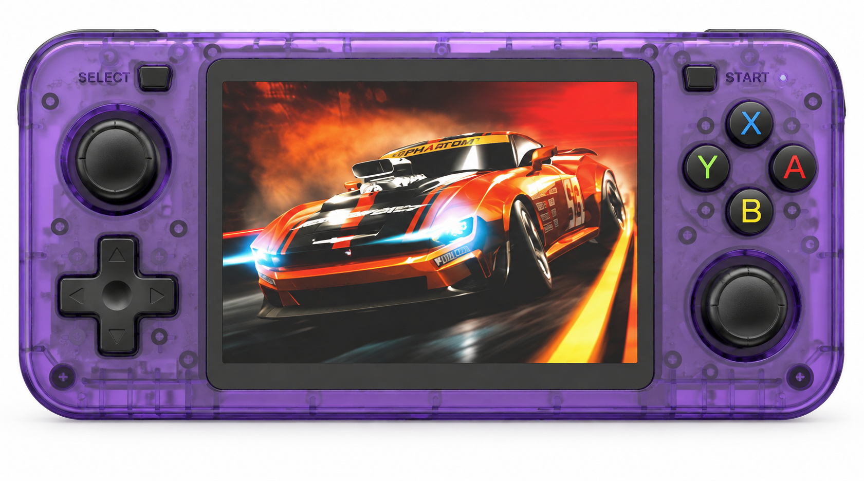Front-facing purple R36H colour preview with a translucent shell, black analogue sticks and an original pixel-art village scene on its screen.