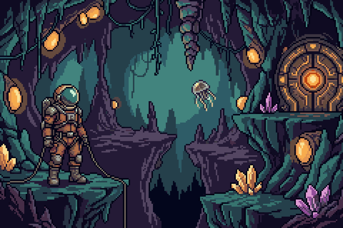 Pixel art: an explorer in an orange space suit stands on a ledge in a glowing alien cavern, beside amber lights, crystals and a round sealed door.