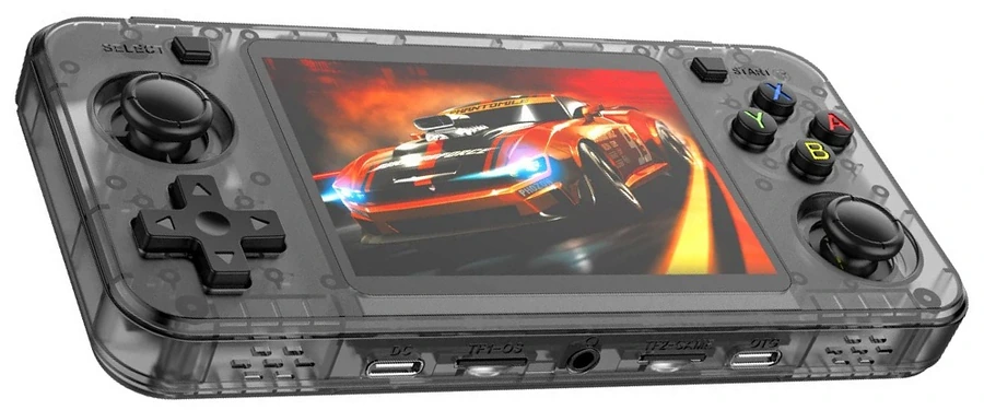 Translucent black R36H with black sticks, front controls and an original pixel-art castle throne-room scene on its screen.