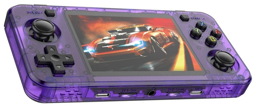 Translucent purple R36H with black analogue sticks, front controls, lower ports and the supplied pixel-art space-shooter scene on its screen.